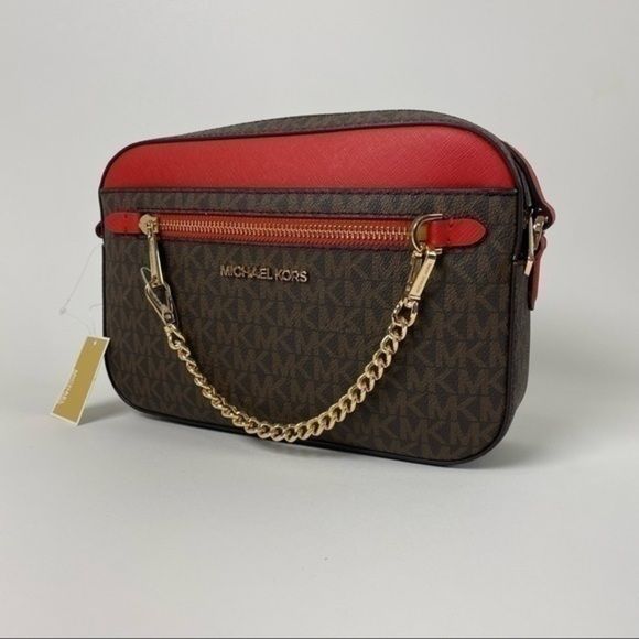 MICHAEL KORS Jet Set Large Logo Chain Crossbody Bag in Flame Red - Picture 7 of 7